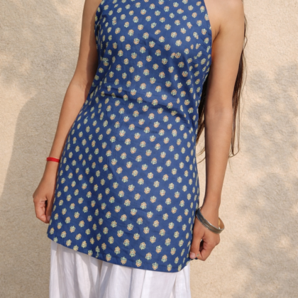 Neel Tara navy blue halter neck cotton kurti with floral buti print