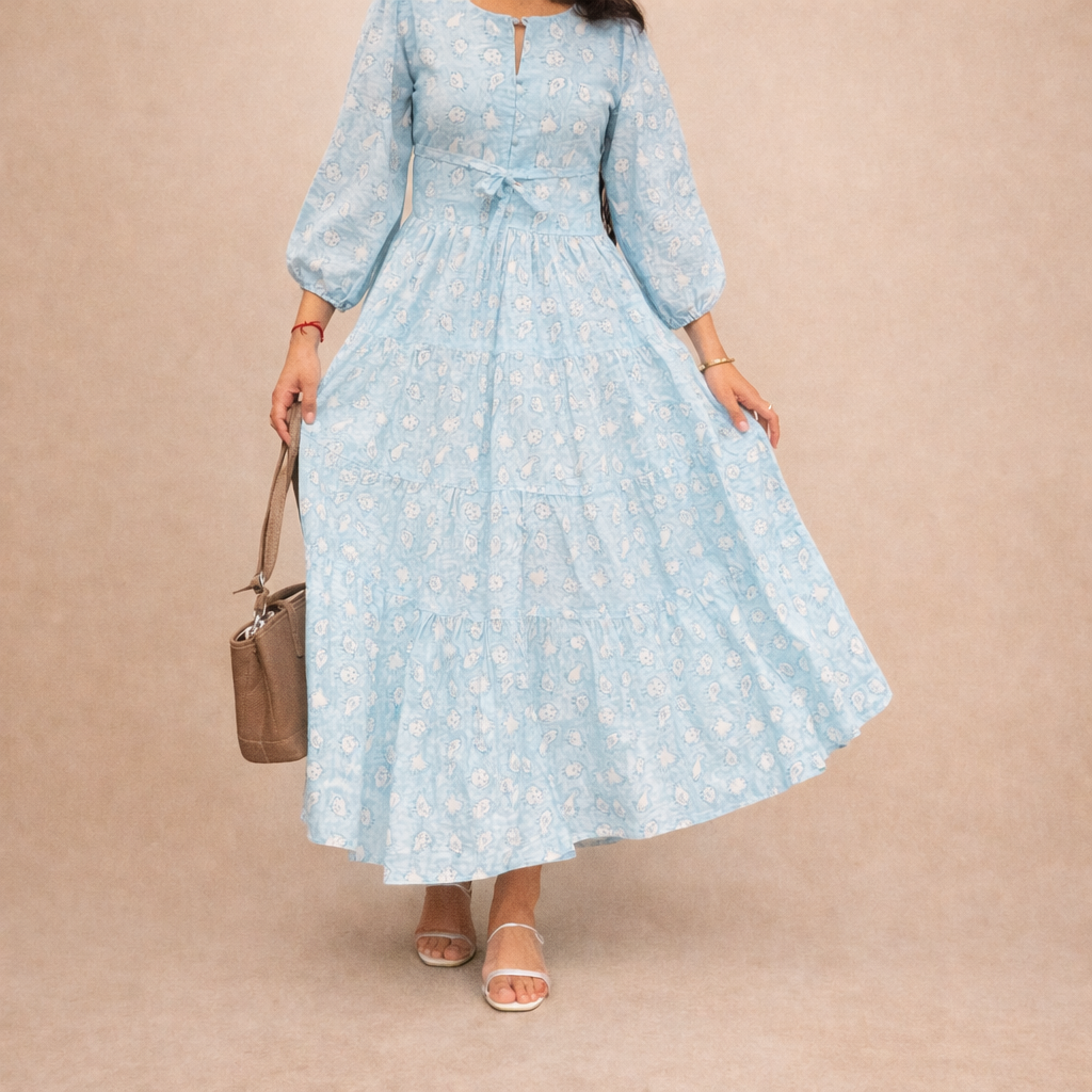 Cloud Candy Dress – pastel blue cotton fit and flare midi dress with 3/4 sleeves and soft flowy silhouette