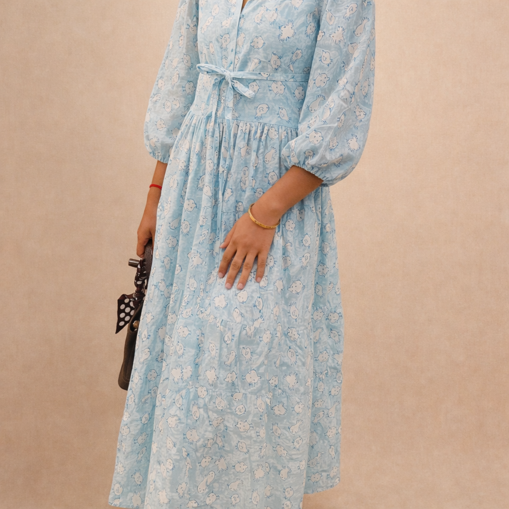 Cloud Candy Dress – pastel blue cotton fit and flare midi dress with 3/4 sleeves and soft flowy silhouette